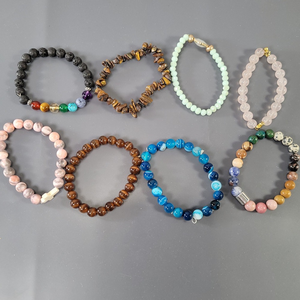 Beaded Stretch Bracelets Mixed Stone Rose Quartz Tigers Eye Boho Lot 8